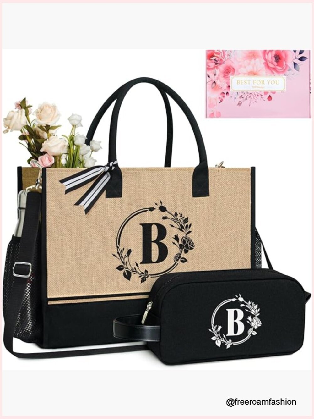 Large Jute Tote Bag with Makeup Pouch, 17" Laptop Size, 5 Pockets